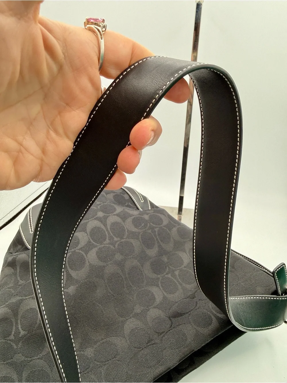 Coach Black Signature Canvas Shoulder Bag with Leather Trim